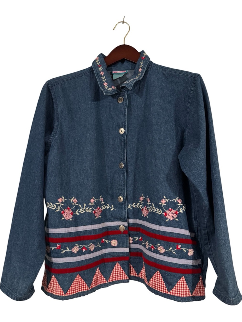 Vintage Nectar Embroidered Denim Jacket Women’s XL Floral Gingham Patchwork